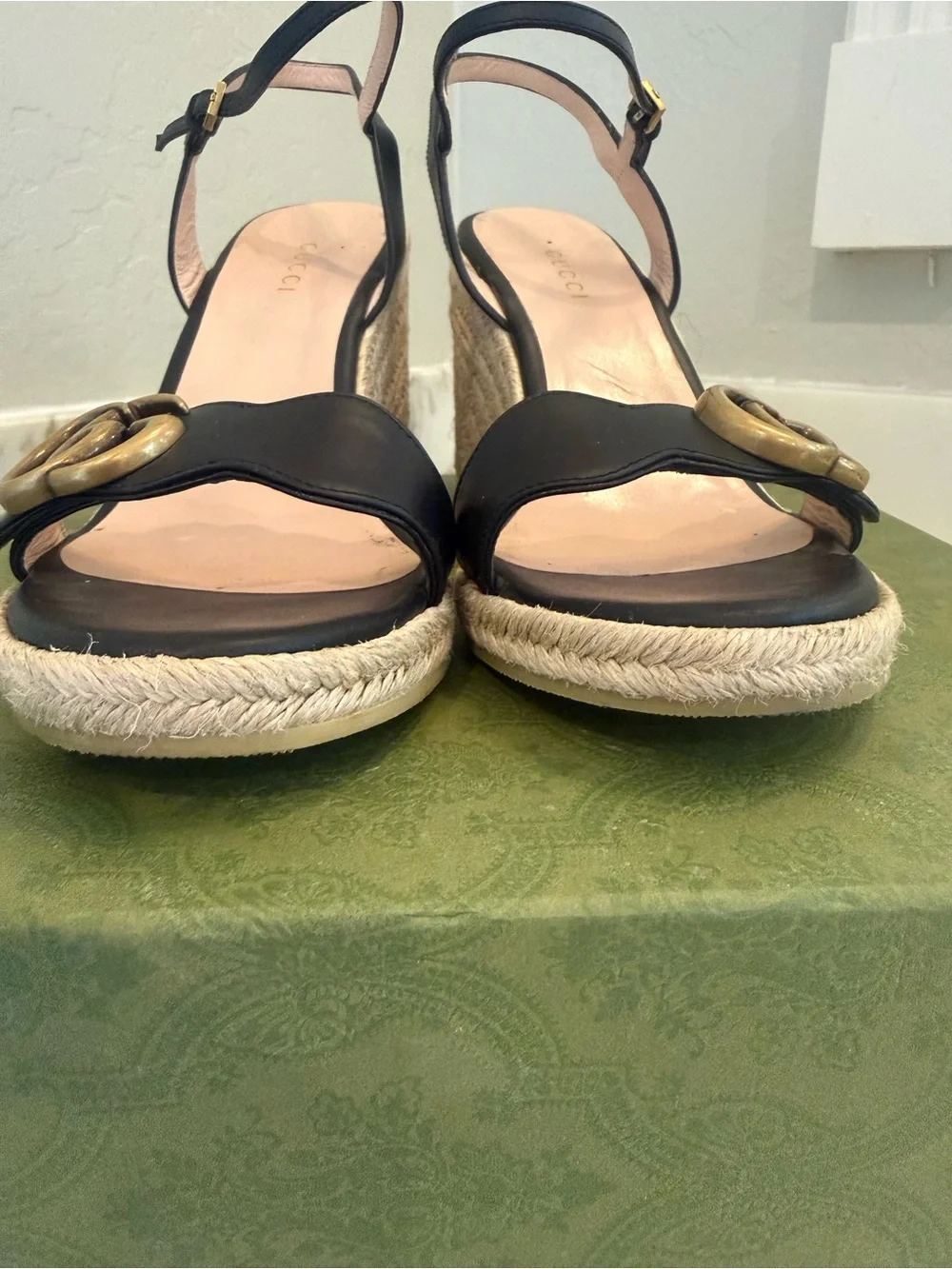 Gucci Black Leather Espadrille Wedge Sandals with Gold Accent